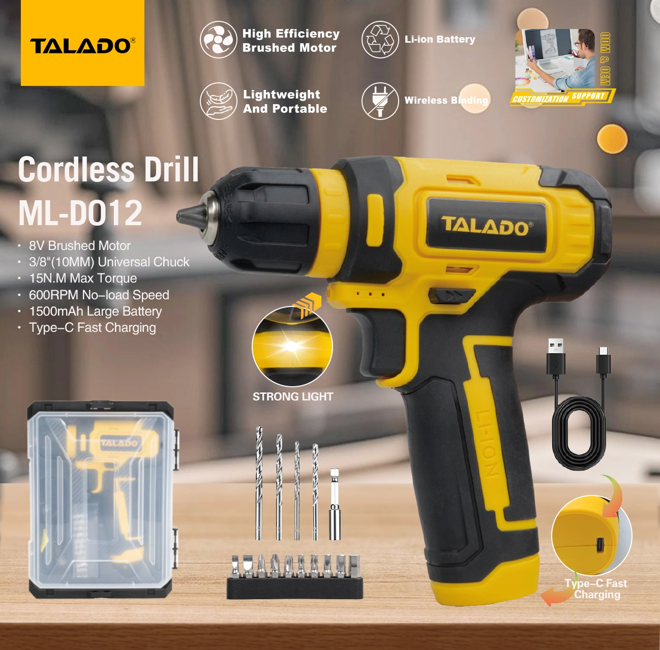 8V Mini Cordless Broca Type C Carga R&aacute;pida Pot&ecirc;ncia Dom&eacute;stica Broca