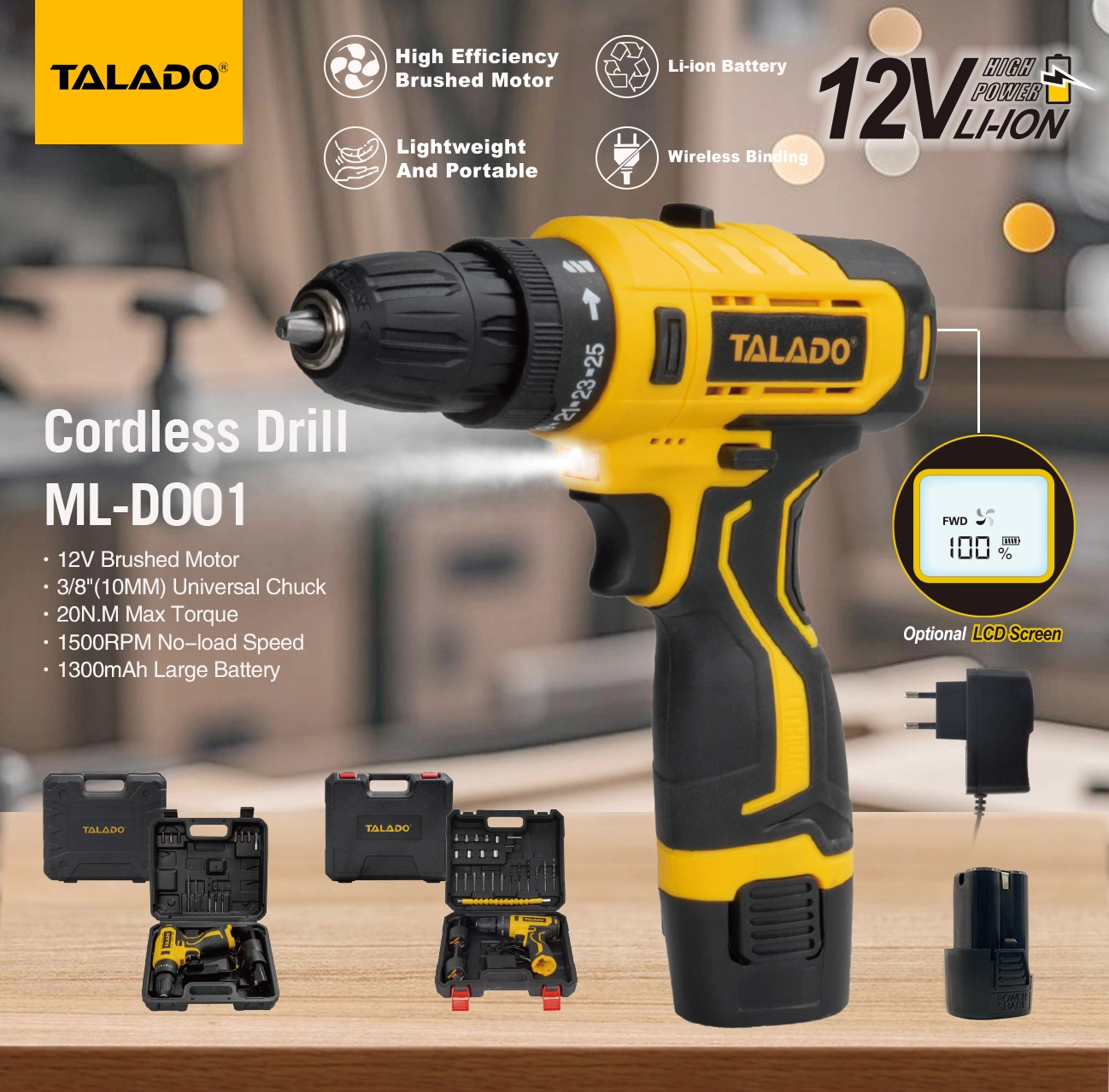 Furadeira sem fio de alto torque e velocidade dupla 12V com tela digital opcional para trabalhos de renova&ccedil;&atilde;o dom&eacute;stica DIY