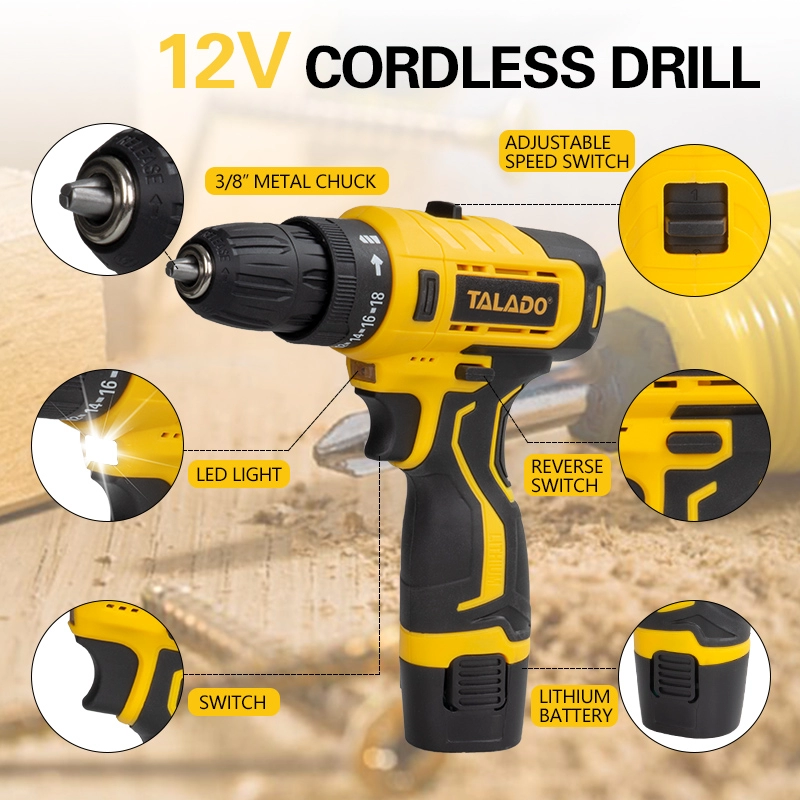 Furadeira sem fio de alto torque e velocidade dupla 12V com tela digital opcional para trabalhos de renova&ccedil;&atilde;o dom&eacute;stica DIY