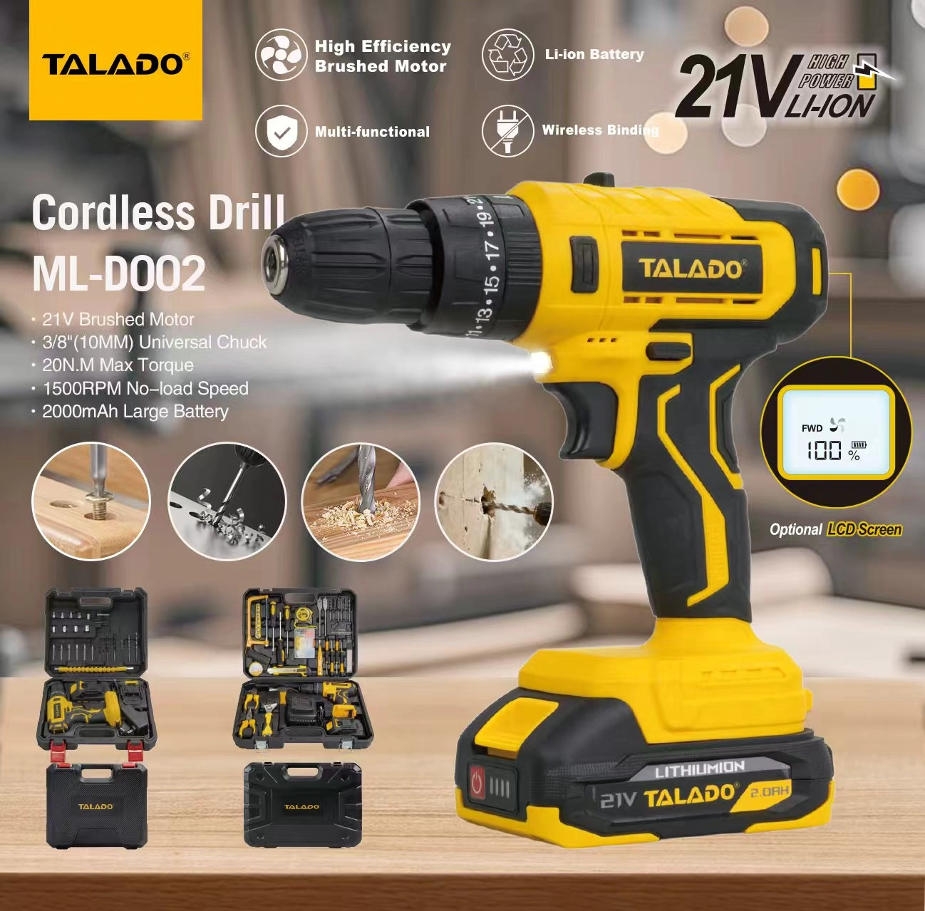 Furadeira sem fio de dupla velocidade de l&iacute;tio 21V com tela digital opcional para tarefas dom&eacute;sticas pesadas de renova&ccedil;&atilde;o DIY